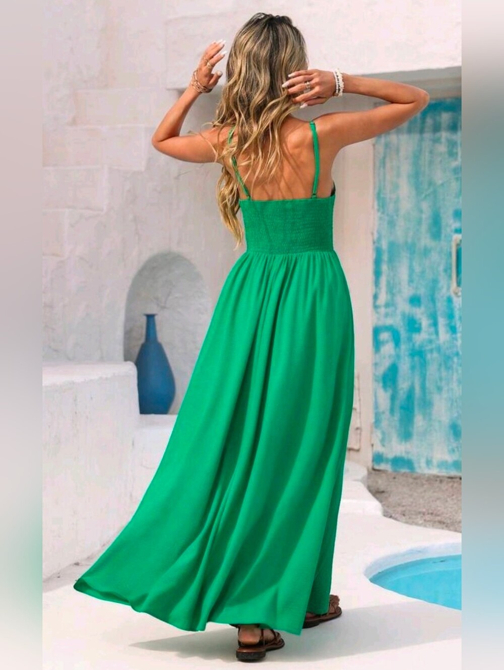 New Boho Embroidered Maxi Dress Green White - Picture 4 of 9